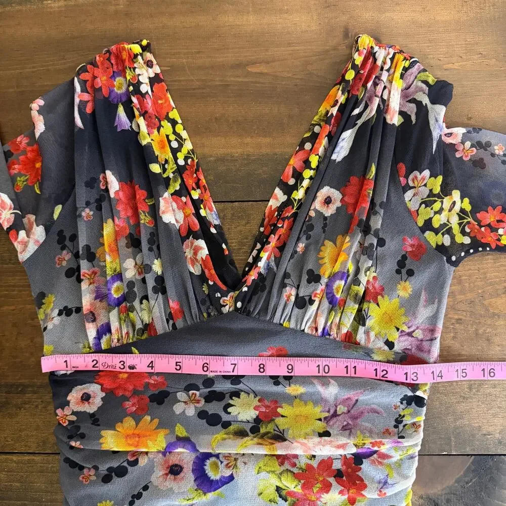 Fuzzi Black Grey Long Sleeve Floral Mesh Bodycon V neck Midi Dress Women's XL - Picture 8 of 9